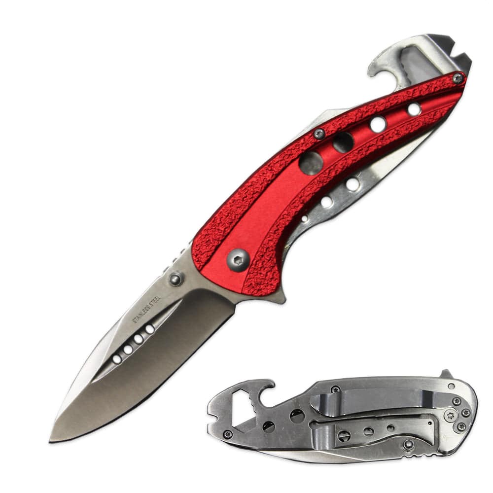 4.25 Inch Red Metal Handle Assist-Open Folding Knife W/ belt clip - Smoke empire