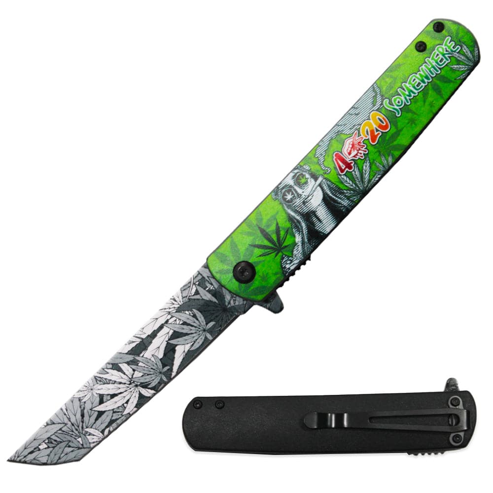4.5-Inch Tanto Blade Pocket Knife with Cannabis Metal Handle- Green - Smoke empire