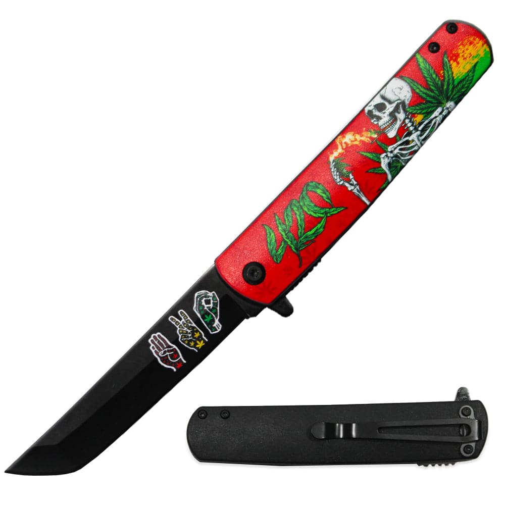 4.5-Inch Tanto Blade Pocket Knife with Cannabis Metal Handle- Red - Smoke empire