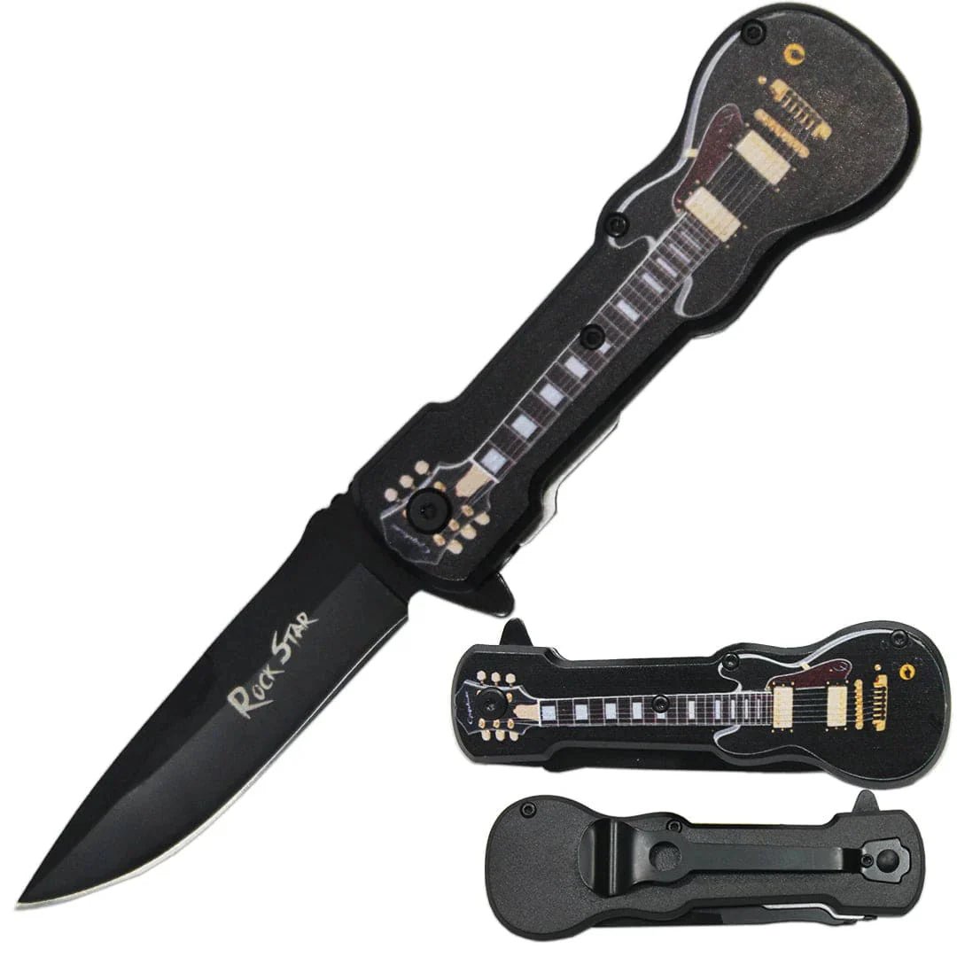 4.75' Assisted-Opening Tactical Knife with Guitar Metal Handle-Black - Smoke empire