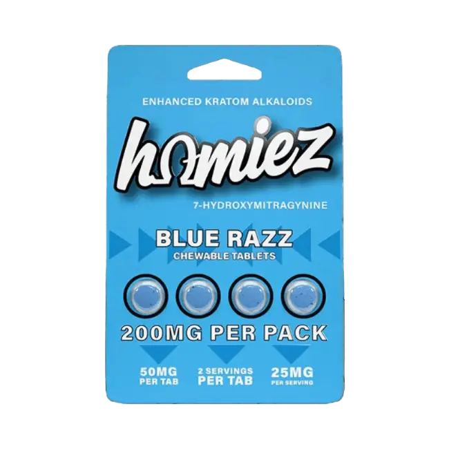 HOMIEZ 7-HYDROXYMITRAGYNINE TABLETS 4CT / 50MG EACH – BLUE RAZZ - Smoke empire