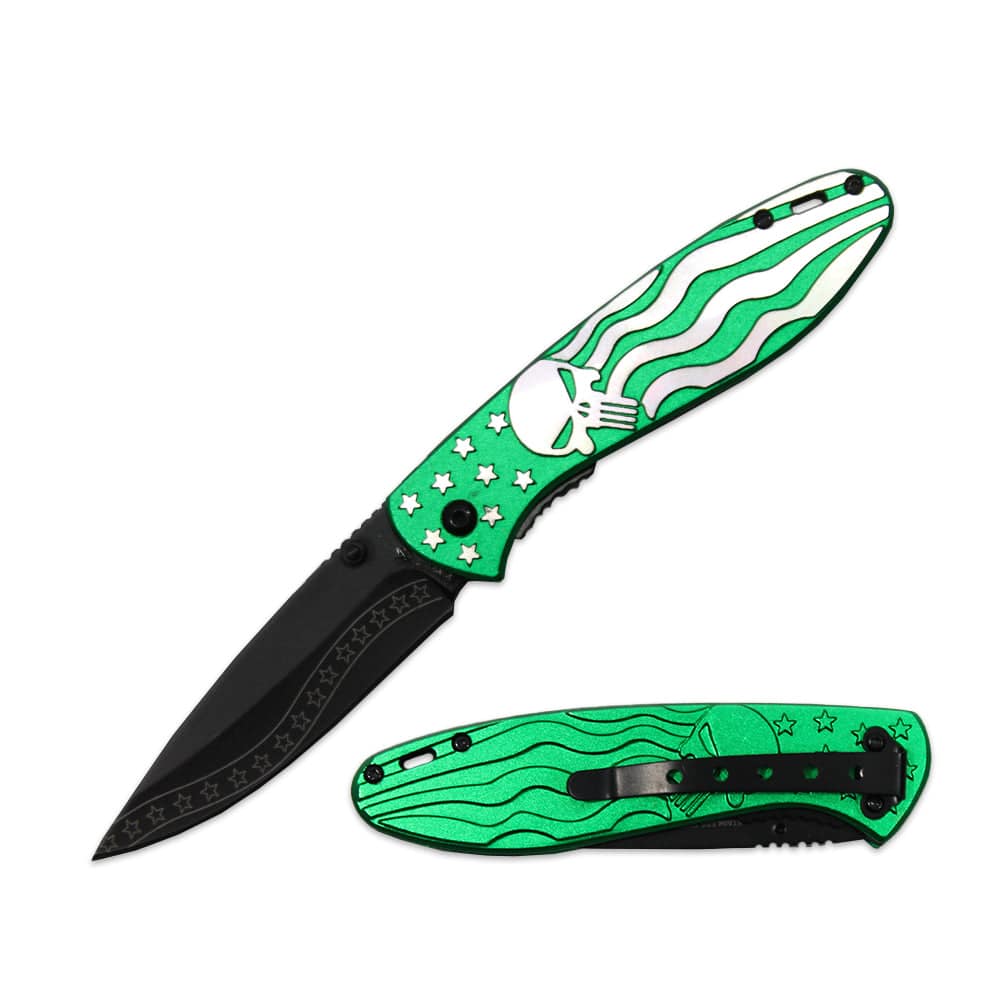 4.25' Green Skull Folding Knife with Belt Clip - Smoke empire