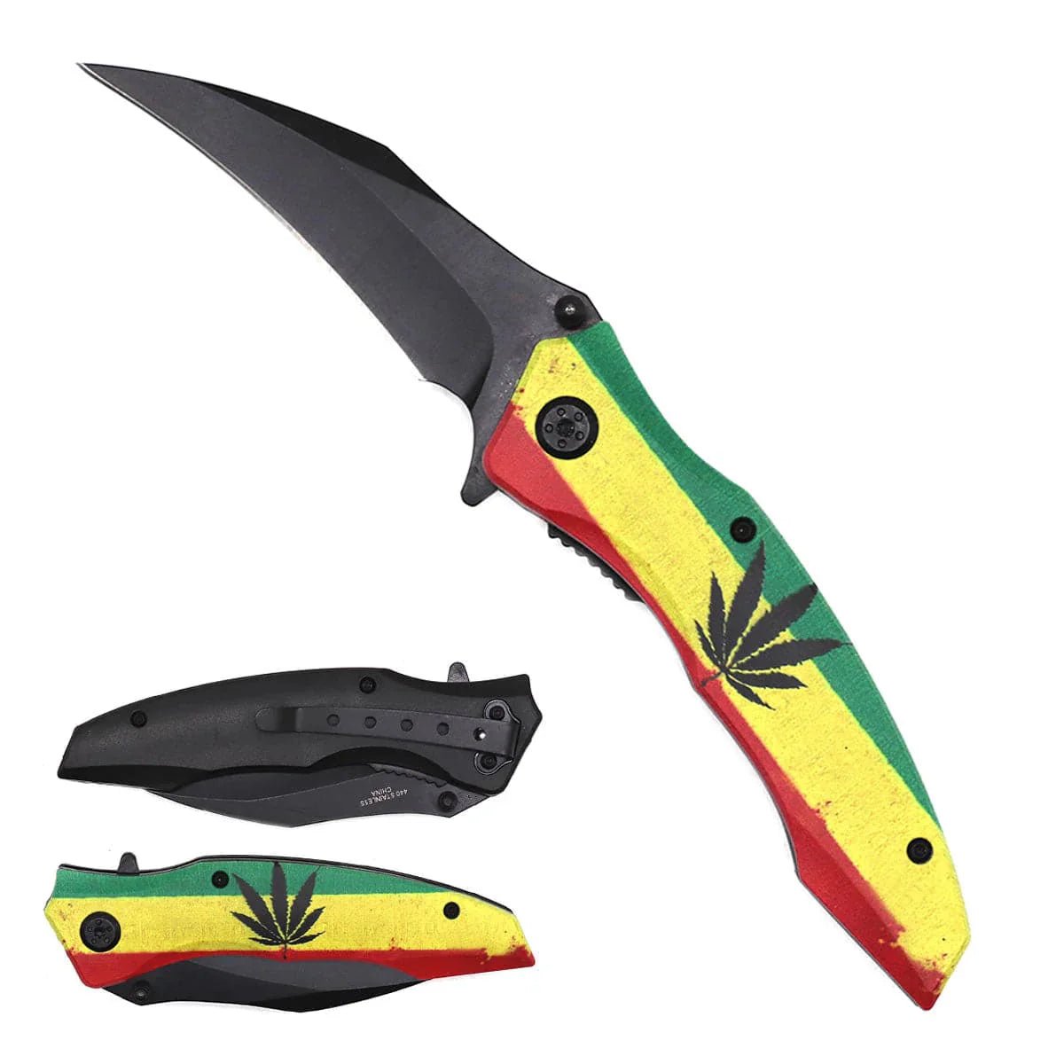 4.5' Assisted Folding Knife with Rasta-Style Cannabis Handle Print - Smoke empire