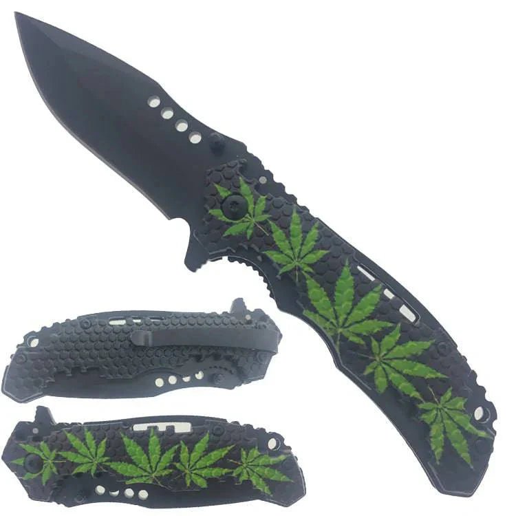 4.5' Folding Pocket Knife w/ Marijuana Leaf Honeycomb Design - Smoke empire