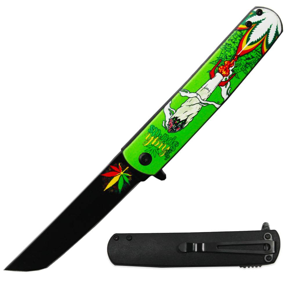 4.5' Tanto Blade Pocket Knife w/ Cannabis Design Metal Handle- Green - Smoke empire