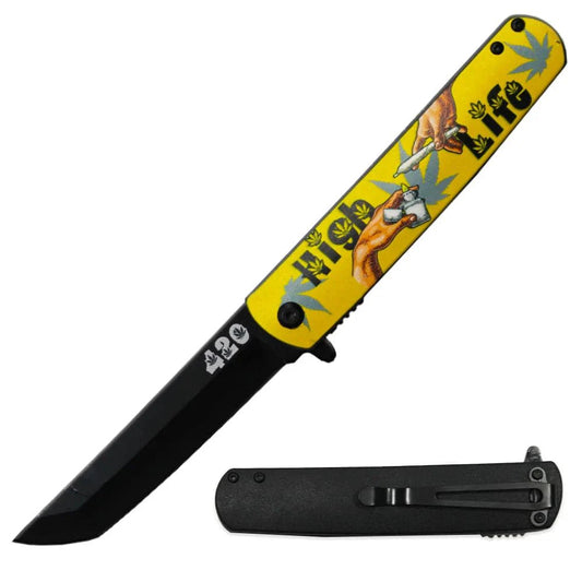 4.5' Tanto Blade Pocket Knife w/ Cannabis Design Metal Handle- Yellow - Smoke empire