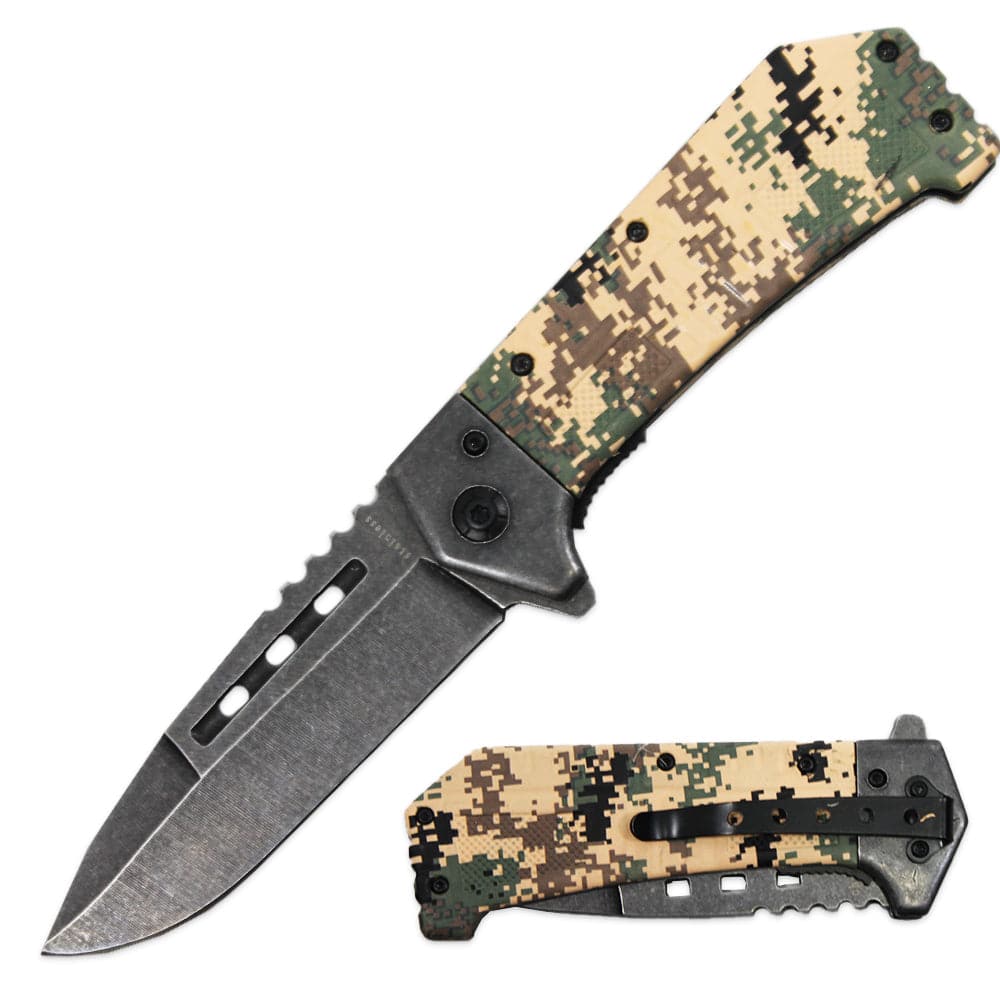 4.5' Yellow Assist-Open Folding Knife with Durable Camouflage Handle - Smoke empire