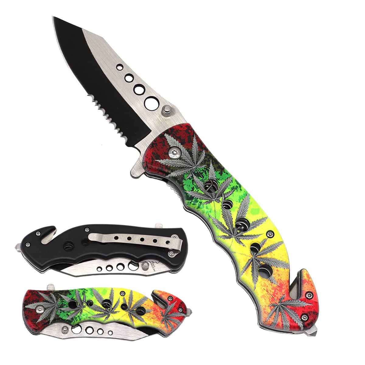 5' Premium Tactical Folding Knife with Serrated Blade and Cannabis Leaf Motif - Smoke empire