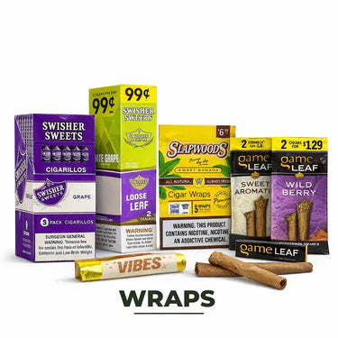Various brands of cigarillos and cigar wraps including Swisher Sweets grape flavor, Slapwoods natural cigar wraps, Game Leaf sweet aromatic and wild berry flavors, and a Vibes blunt wrap displayed on a white background with the word WRAPS below.
