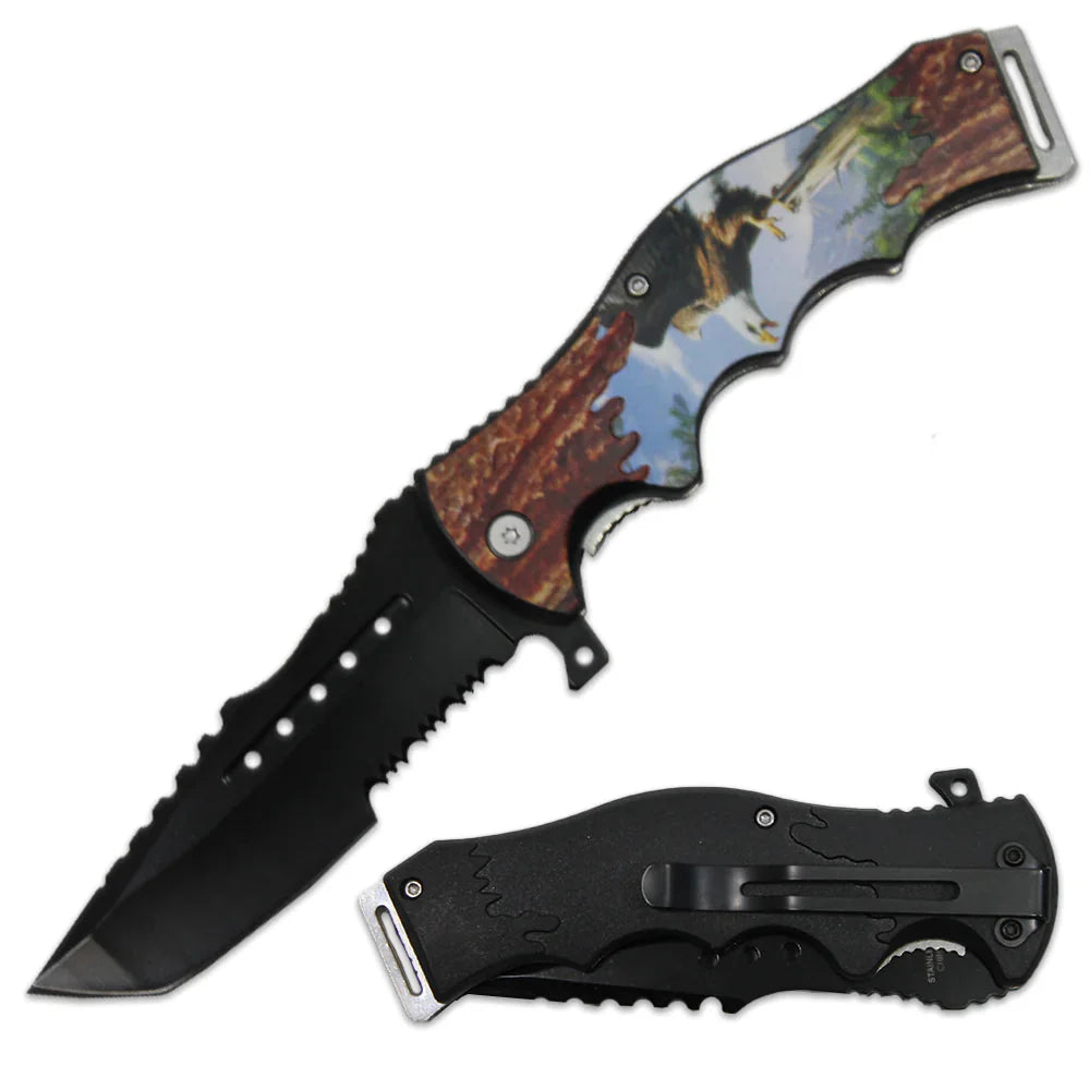 4.5' Wildlife Eagle Folding Knifew/wooden handle - Smoke empire