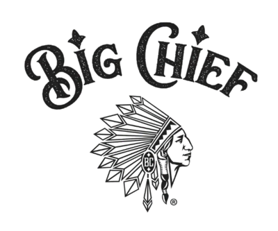 Black and white illustration of a Native American chief wearing a feathered headdress with the stylized text "Big Chief" above the profile.