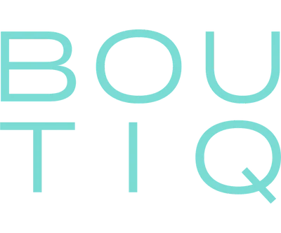 Light blue stylized text spelling "BOUTIQ" on a transparent background, designed with modern, clean typography.
