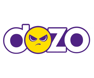 Logo featuring the word "dozo" in bold purple letters with a yellow circle replacing the letter "o," containing an angry face emoji with furrowed brows and a frown.