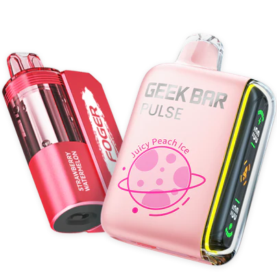 Two compact disposable vape devices, one in translucent red with flavor text and another in light pink labeled Geek Bar Pulse Juicy Peach Ice, shown against a black background.