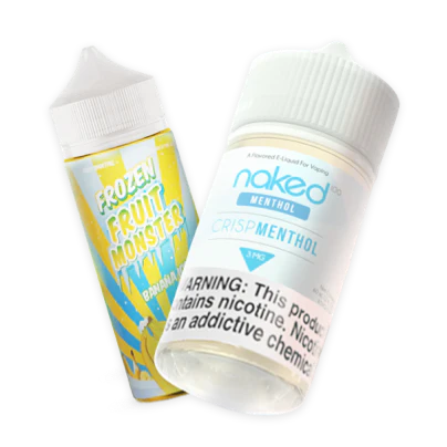 Digital image showing two e-liquid bottles with child-resistant caps, one labeled "Frozen Fruit Monster Banana" with yellow and blue colors, the other labeled "Naked 100 Menthol Crisp Menthol" in white and blue, both displaying nicotine warning text on the labels.