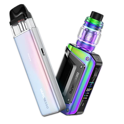 Two modern vape devices displayed against a black background, one slim and iridescent with a mouthpiece, the other bulkier with a colorful metallic finish and digital screen.