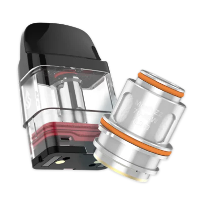 Close-up of a transparent black vape pod and a silver coil with orange sealing rings against a black background, highlighting details of a smoke shop accessory.