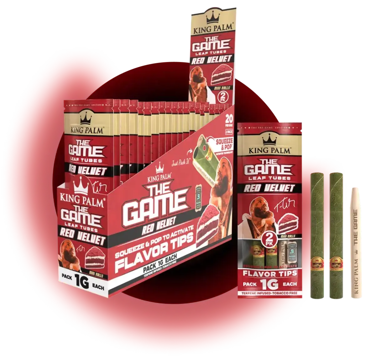 King Palm The Game Leaf Tubes Mini Rolls - Red Velvet - 1 Gram - 2 Counts Per Pack - 20 Packs Per Box - Smoke empire