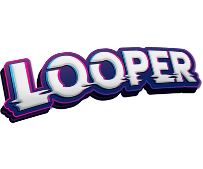 Stylized 3D text reading "LOOPER" with white letters outlined in blue and pink shadows, creating a bold and dynamic graphic effect on a transparent background.