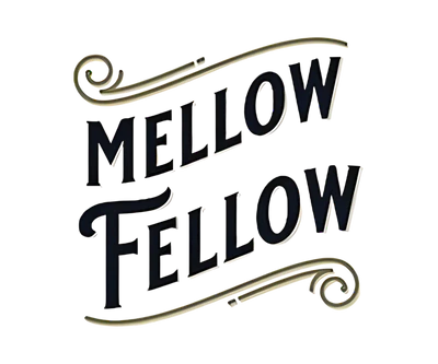 Stylized text logo with the words "Mellow Fellow" in bold black letters, accented by elegant gold decorative swirls above and below the text on a transparent background.