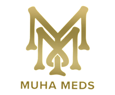 Stylized gold logo featuring the intertwined letters M and A above the text Muha Meds in a matching gold tone on a transparent background.
