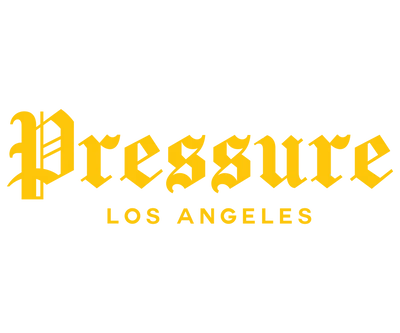 Orange stylized text spelling "Pressure" in a bold, decorative font with smaller text below reading "Los Angeles" in a similar orange color on a transparent background.