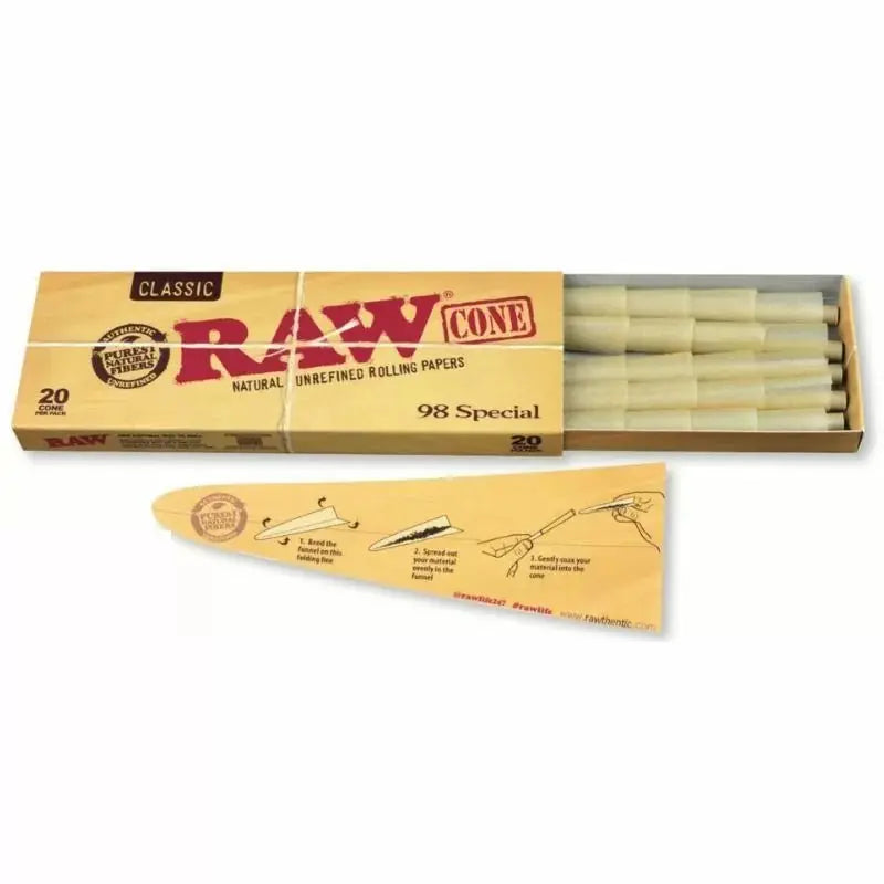 Raw - 98 Special Cone - 98mm and 20mm - 20 Cones Per Pack - 12 Packs Per Box - Smoke empire