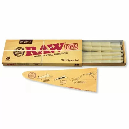 Raw - 98 Special Cone - 98mm and 20mm - 20 Cones Per Pack - 12 Packs Per Box - Smoke empire