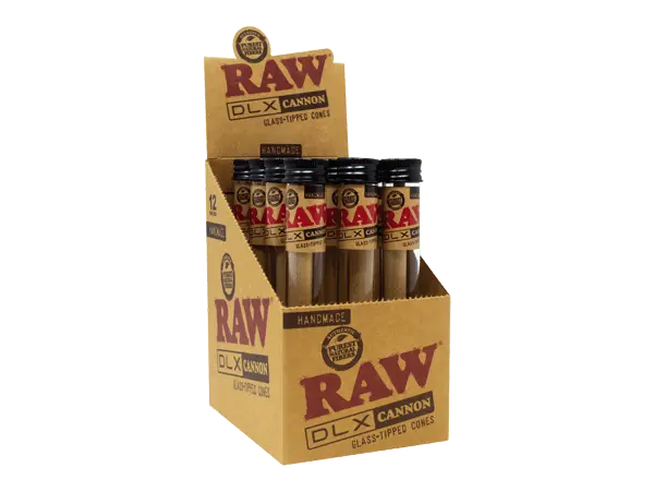 Raw Dlx Glass Tip Hand Rolled King Size Cannon - 12 Count Per Display - Smoke empire