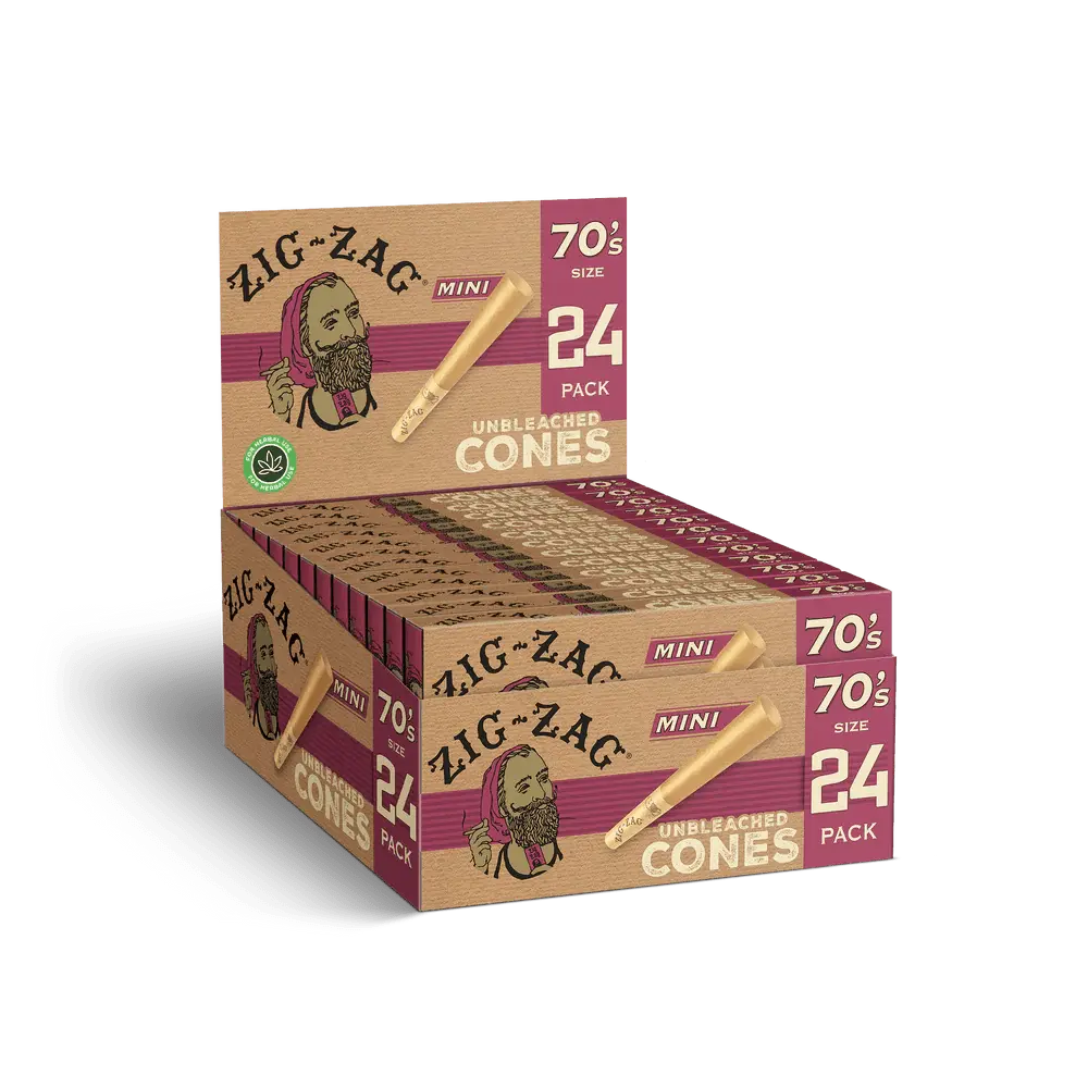 Zig Zag Mini Unbleached Cones - 70mm - 24 Cones Per Pack - 12 Packs Per Display - Smoke empire
